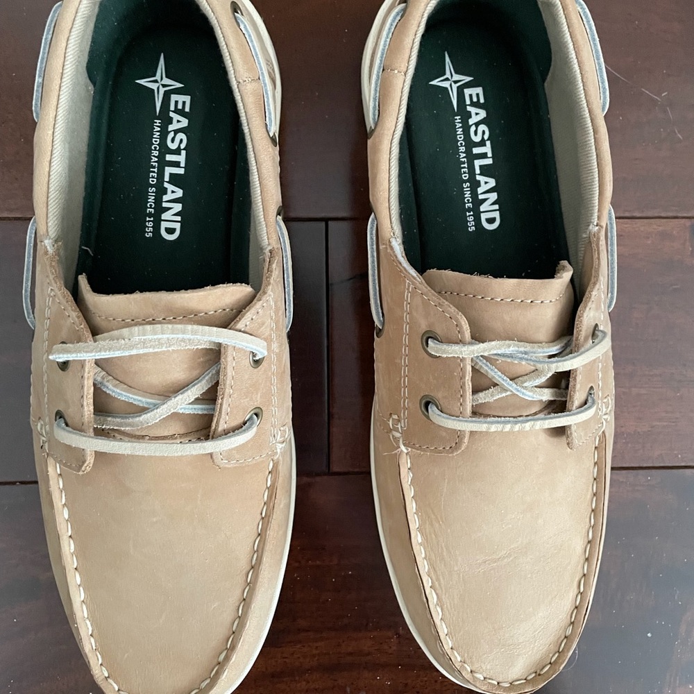 Light tan, brushed leather, boat shoes by Eastland